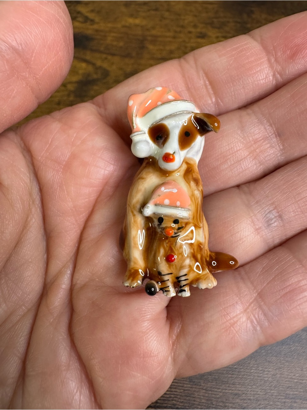 Brown and White Dog with Puppy Holiday Hat Enamel Brooch
